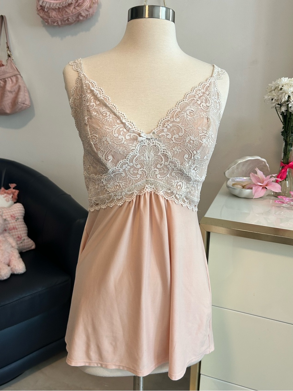 Women’s Lace Trim Babydoll Sleep Slip Baby Pink